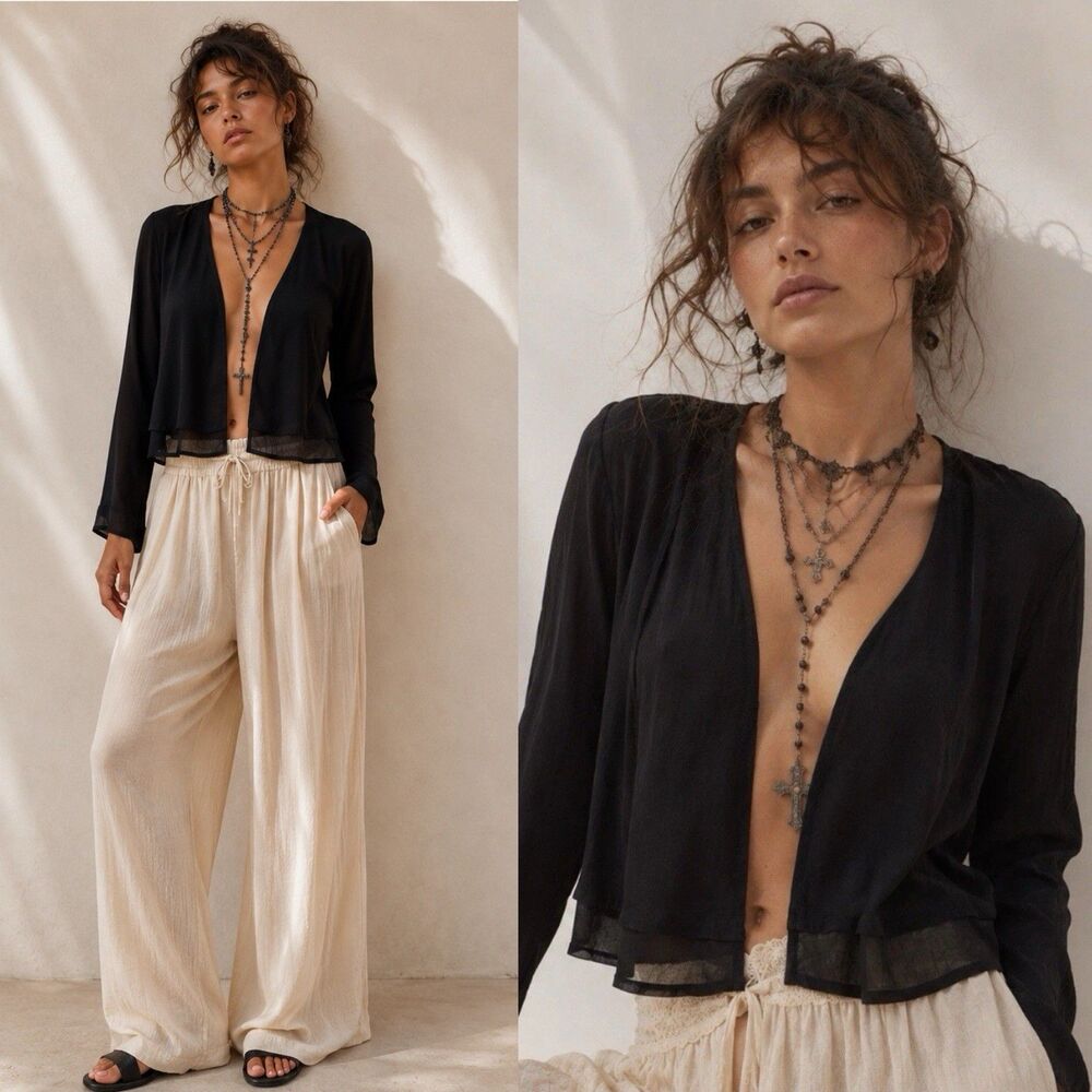 VTG Cache Black Rayon Open Cardigan Top Women’s 4 Layered Jacket Boho Luxe Y2K